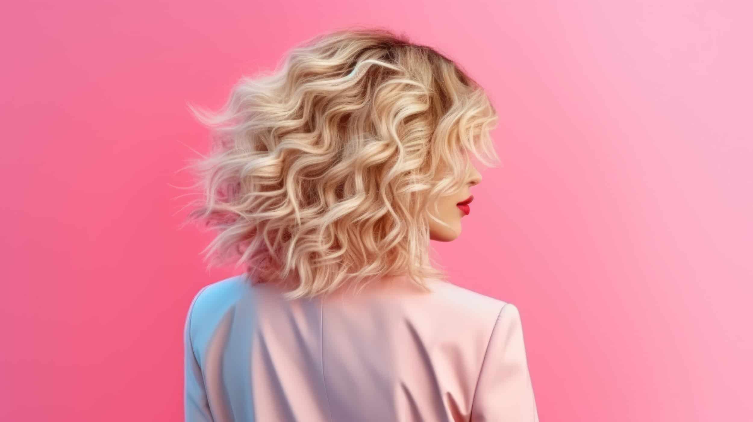 Wavy blonde lob haircut seen from behind against a pink background